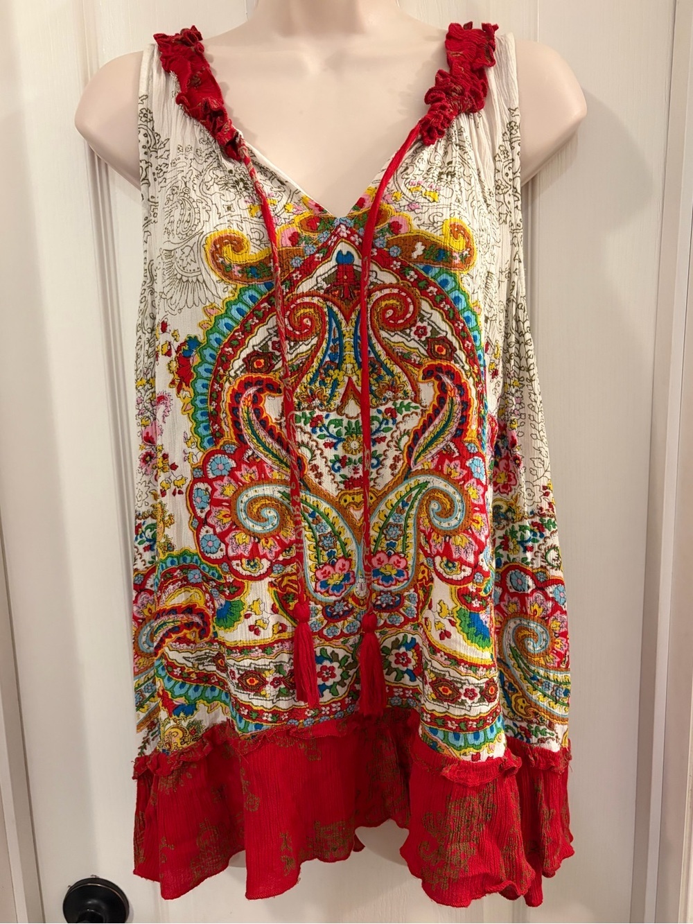 Bila Cream Tunic with Red Ruffle Trim